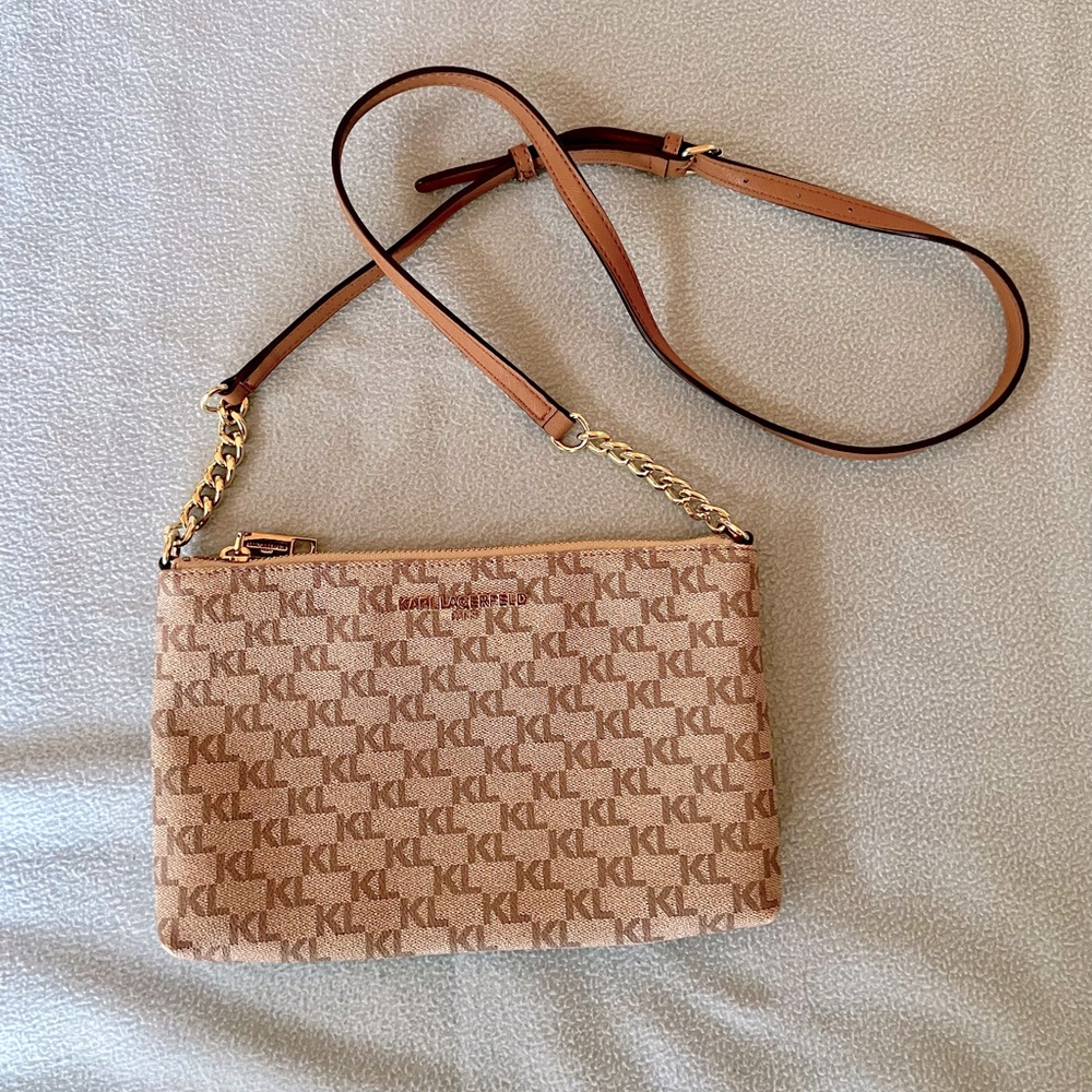 Karl Lagerfeld Paris Tan Logo Crossbody Purse with Gold Accents